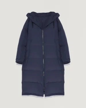 Long reversible hooded down jacket in waterproof technical fabric