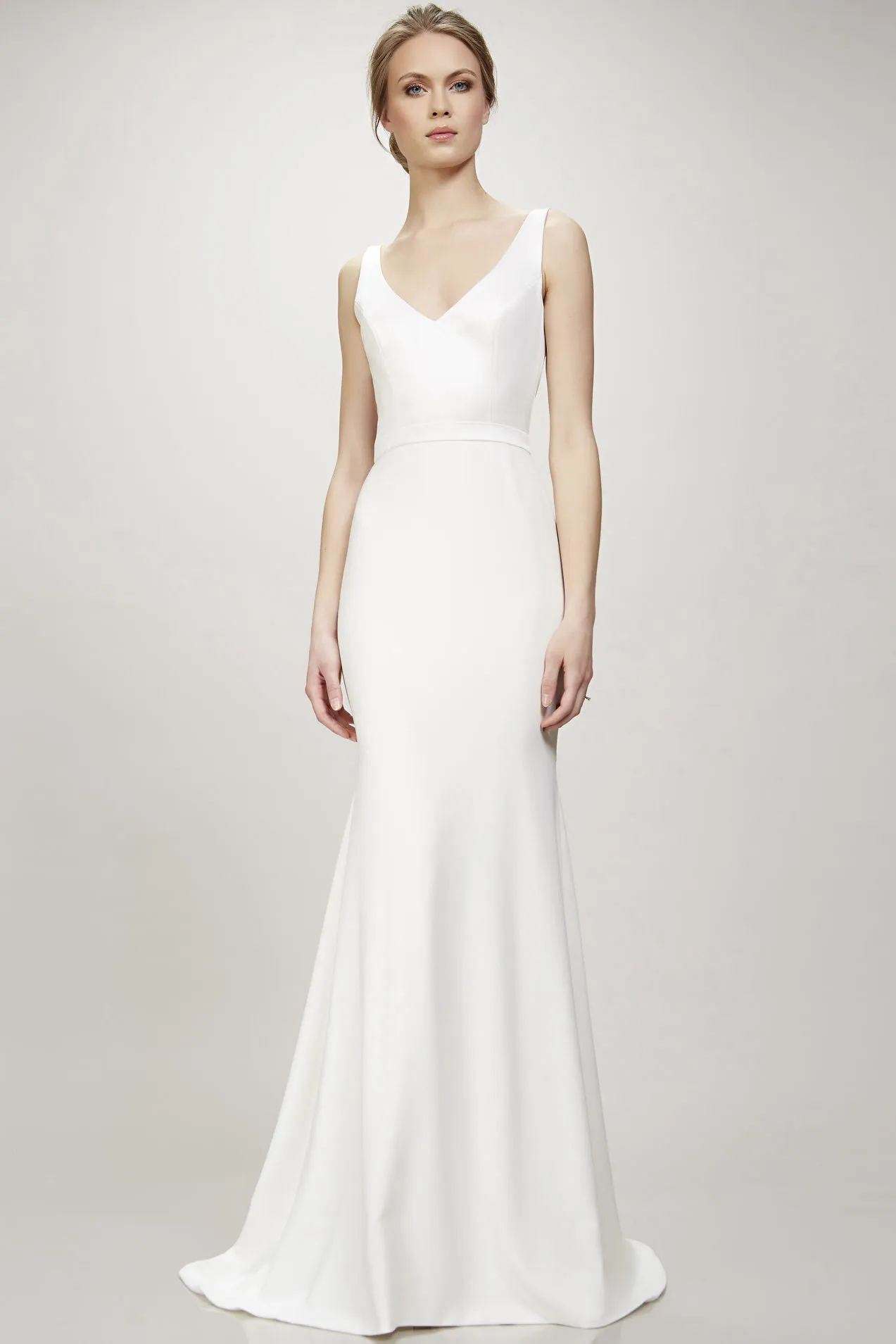 Long V-Neck Wedding Dress With Sweep Train And V Back - MK_704447