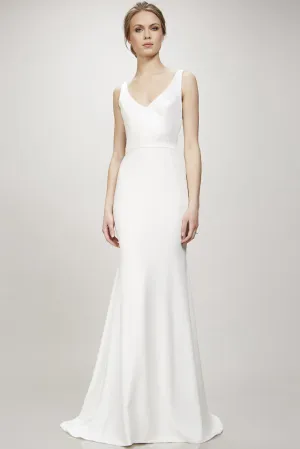 Long V-Neck Wedding Dress With Sweep Train And V Back - MK_704447