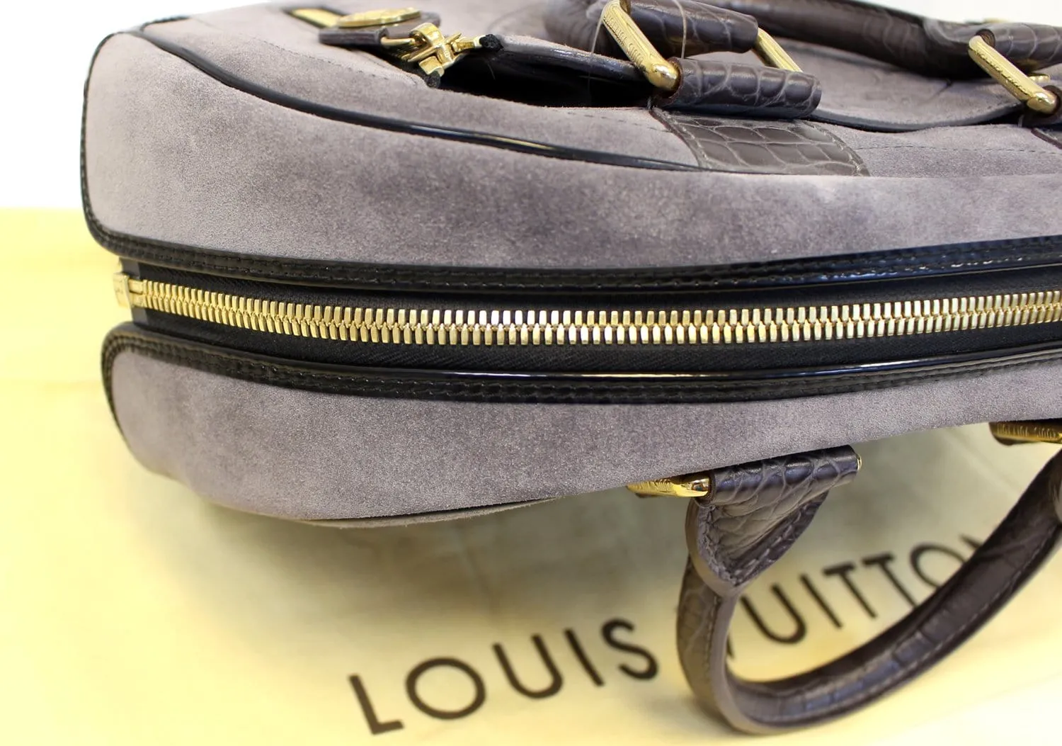 LOUIS VUITTON Grey Suede Havane Stamped Trunk GM Bag Limited