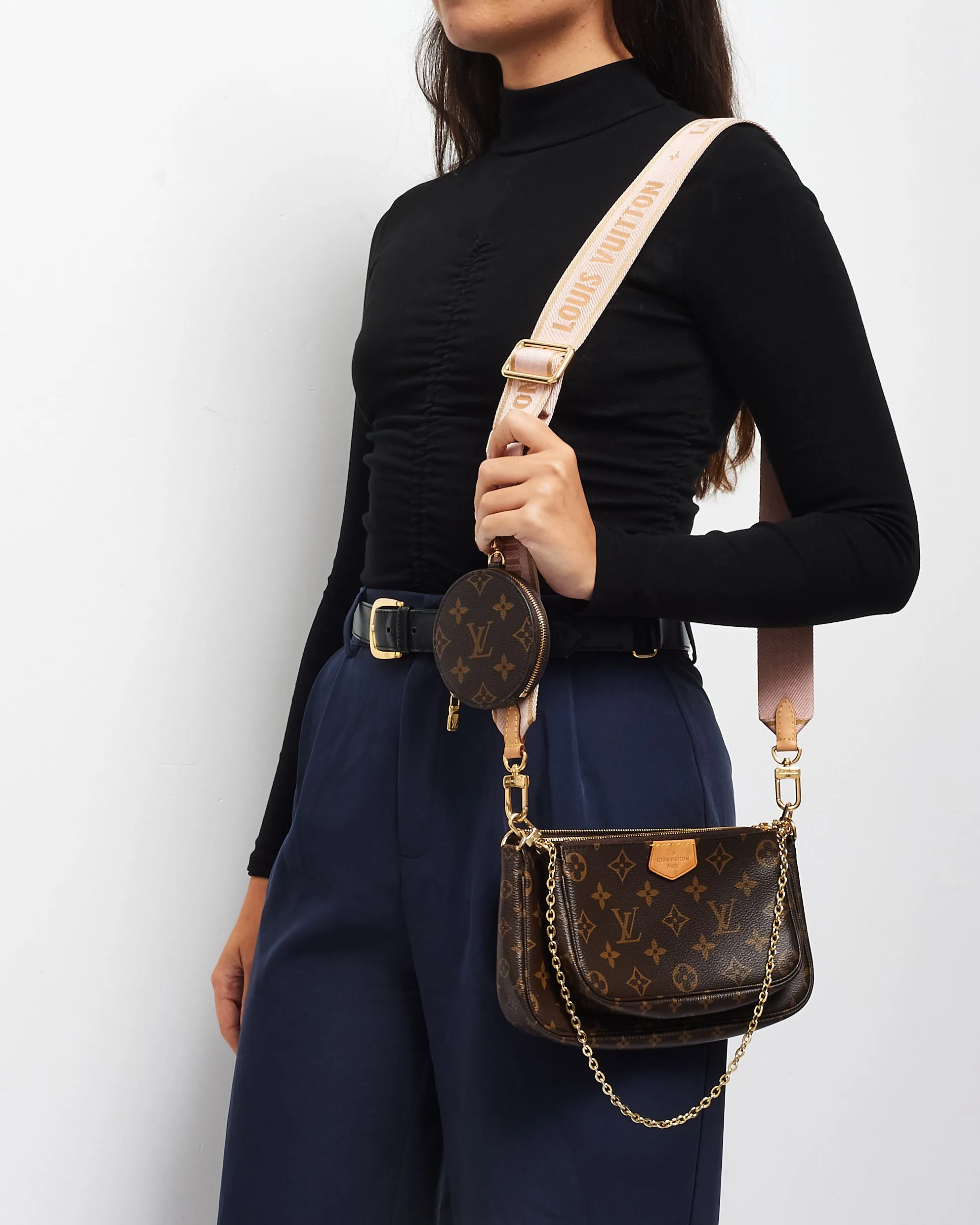 Louis Vuitton Monogram Coated Canvas & Pink Strap Multi Pochette Bag