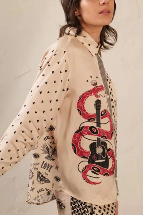 Love Heart Five-pointed Heart Snake Mixed Print Shirt