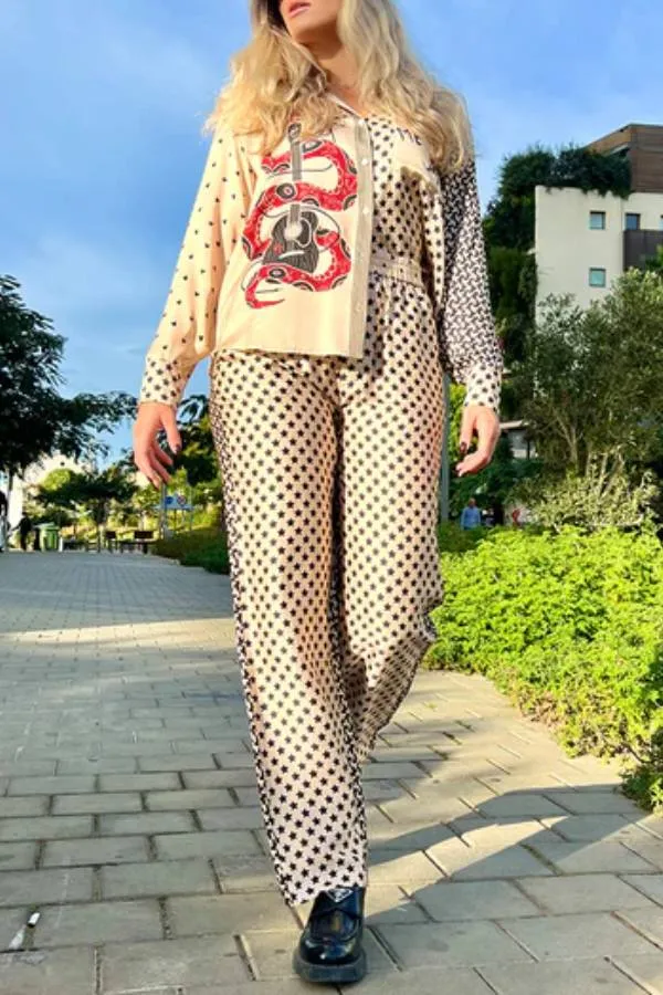 Love Heart Five-pointed Heart Snake Mixed Print Shirt