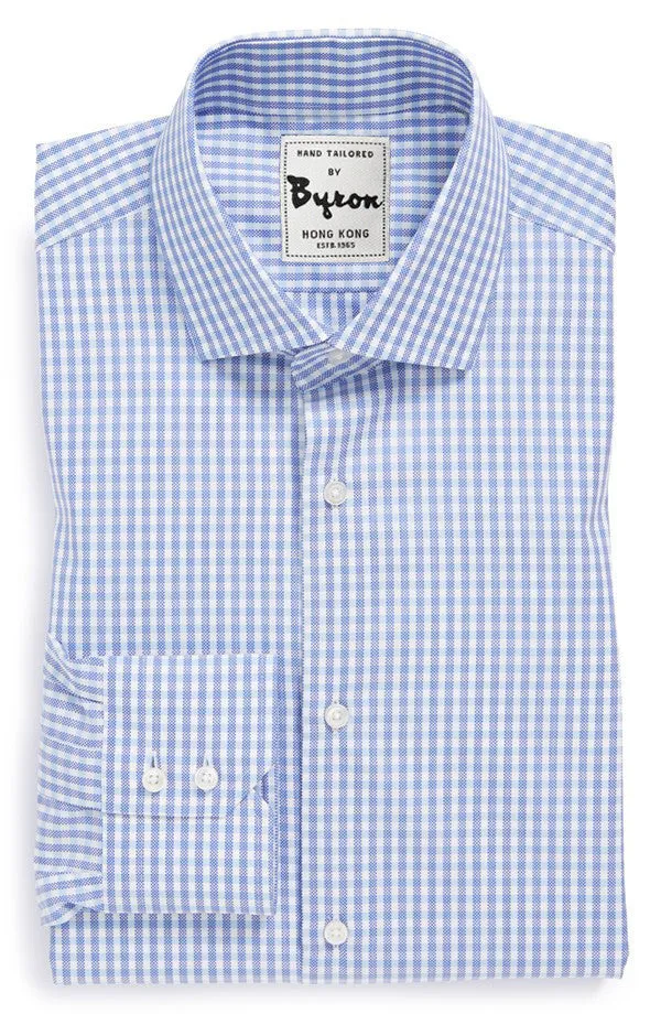 Lt. Blue Gingham Check Shirt, English Spread Collar, 2 button Angled Cuff