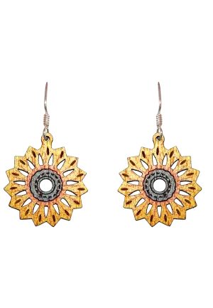 Mandala Sunflower, Wood Earrings, Filled Sterling Silver Earwires, Made in the U.S.A.