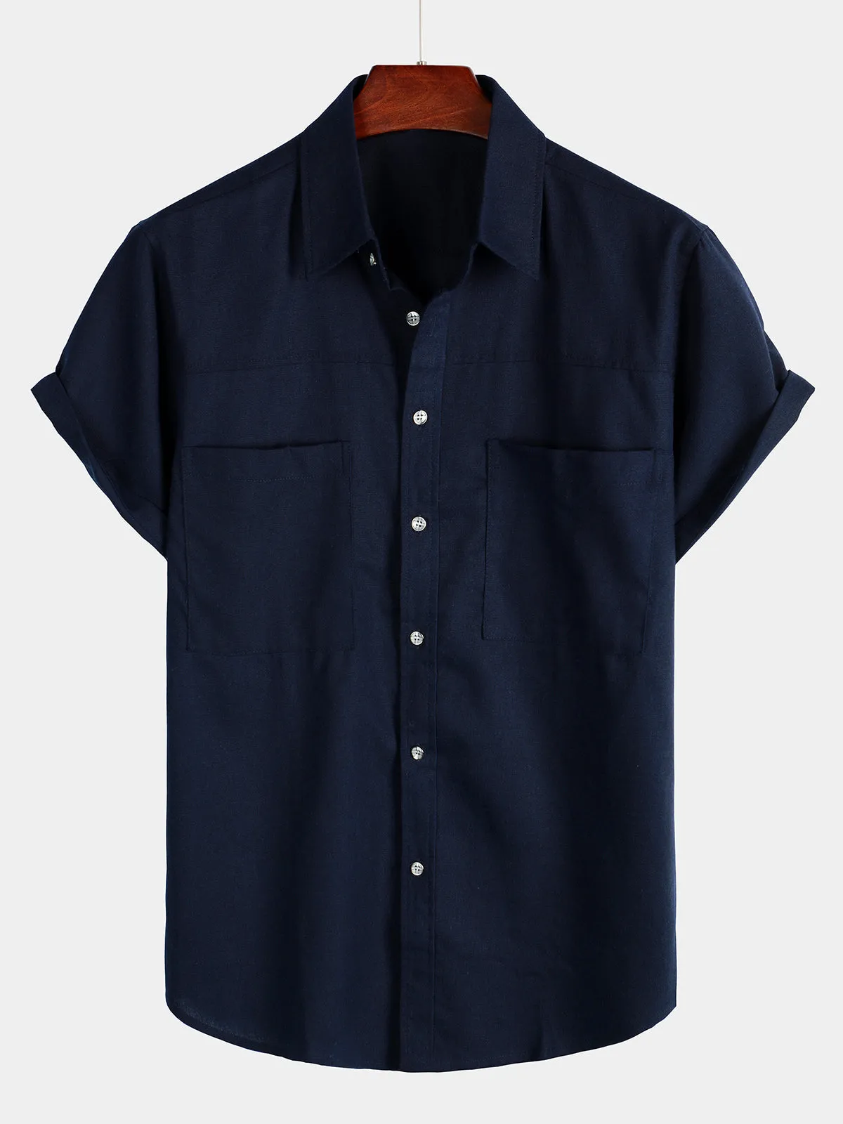 Men's Cotton & Linen Chest Pockets Solid Color Short Sleeve Shirt