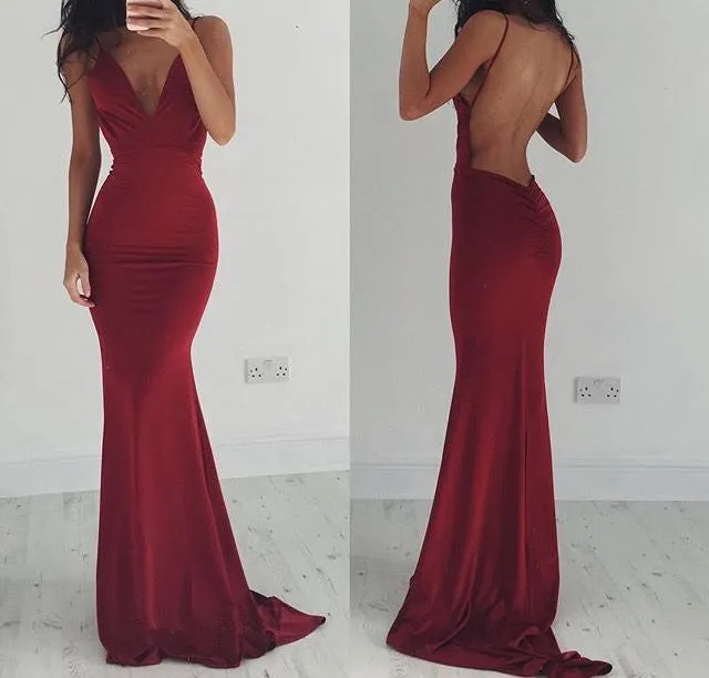 Mermaid Burgundy Prom Dresses Backless V-Neck