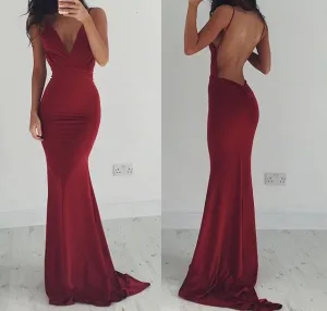 Mermaid Burgundy Prom Dresses Backless V-Neck