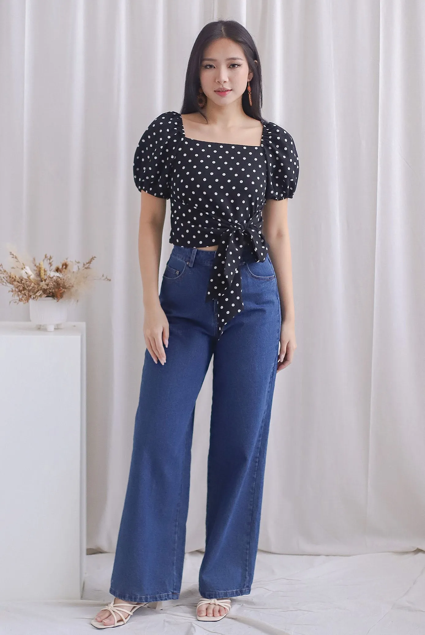Michi Multiway Sash Tie Top In Black Dots