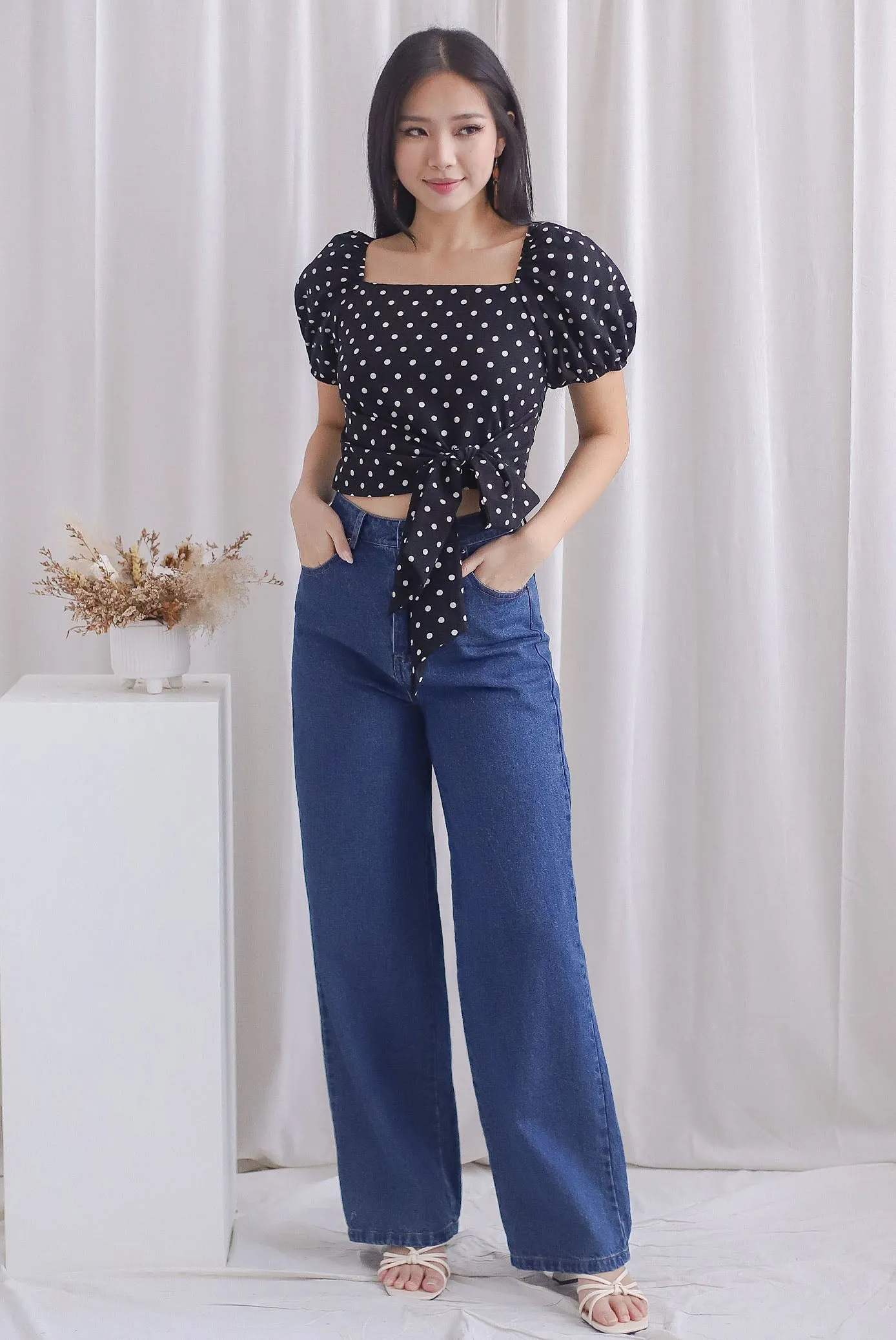 Michi Multiway Sash Tie Top In Black Dots