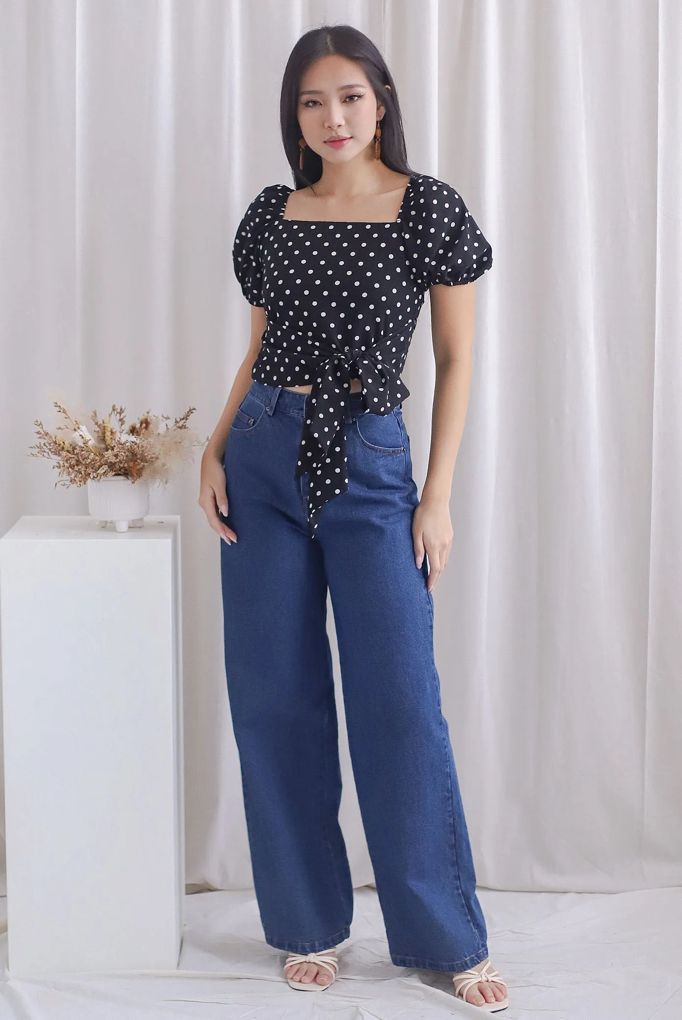 Michi Multiway Sash Tie Top In Black Dots