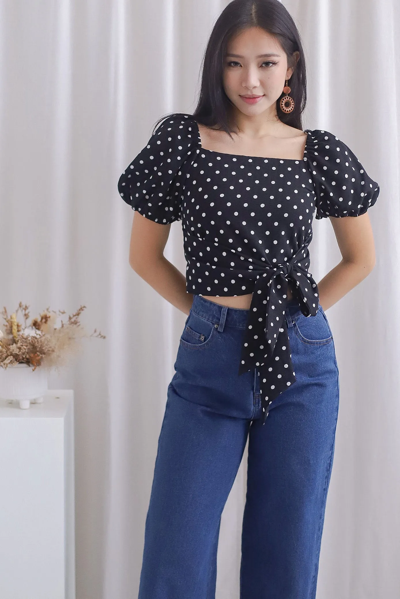 Michi Multiway Sash Tie Top In Black Dots