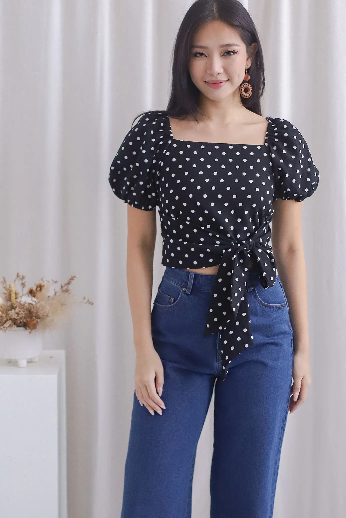 Michi Multiway Sash Tie Top In Black Dots