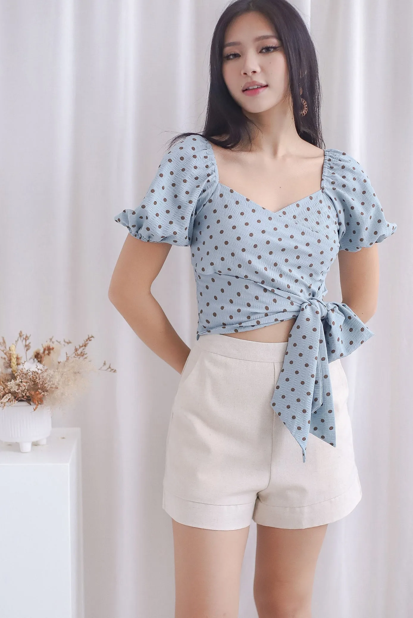 Michi Multiway Sash Tie Top In Blue Dots