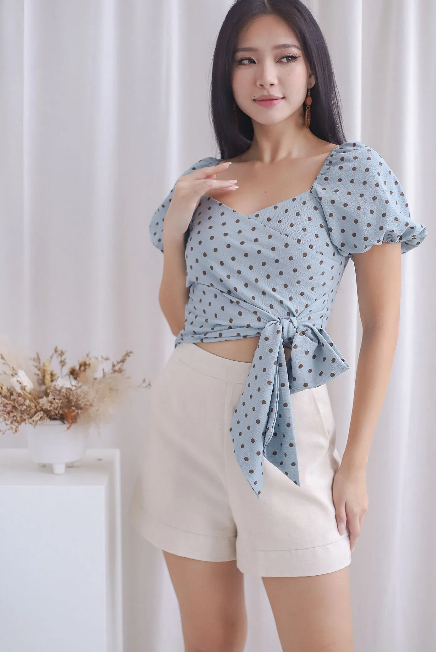 Michi Multiway Sash Tie Top In Blue Dots