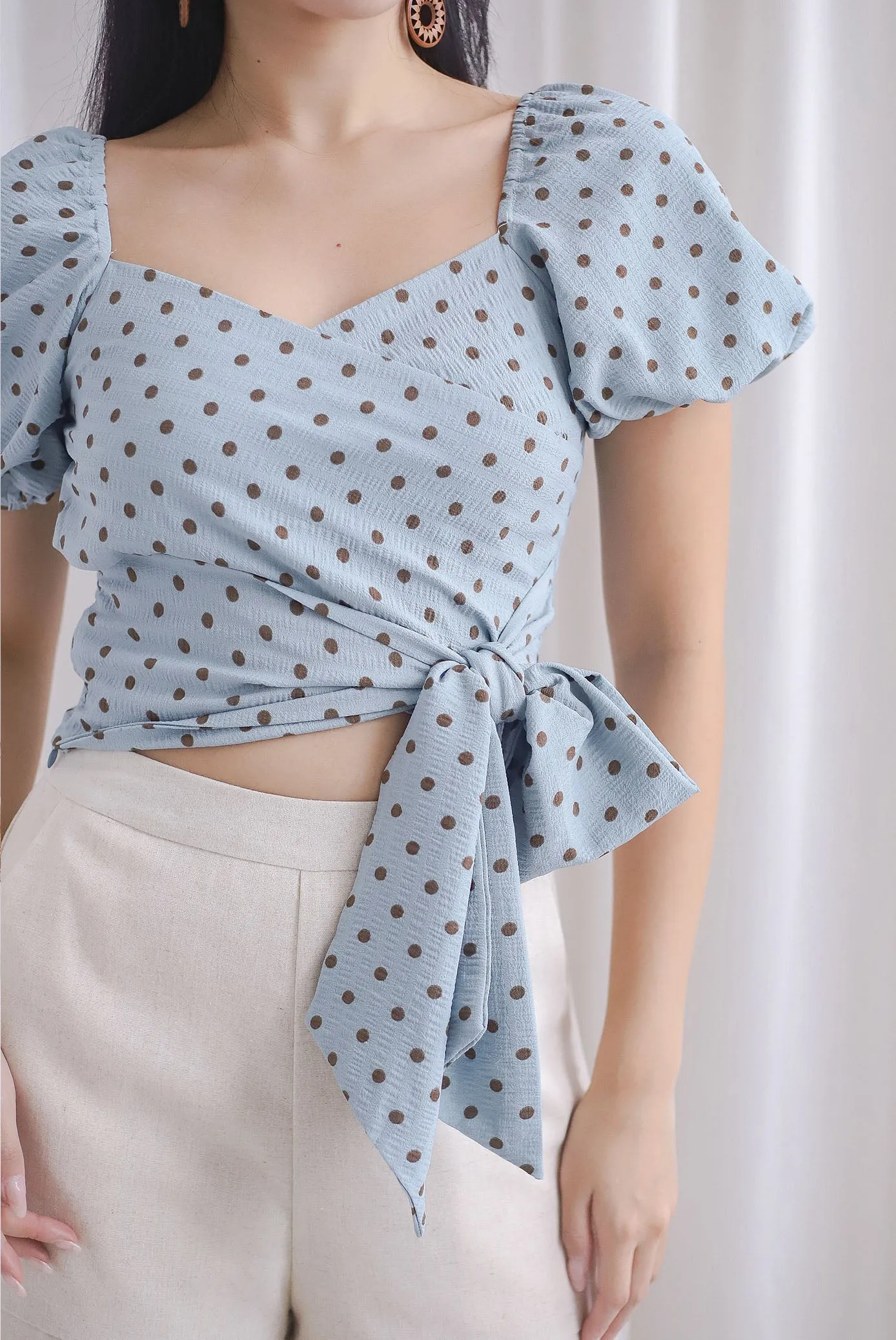 Michi Multiway Sash Tie Top In Blue Dots