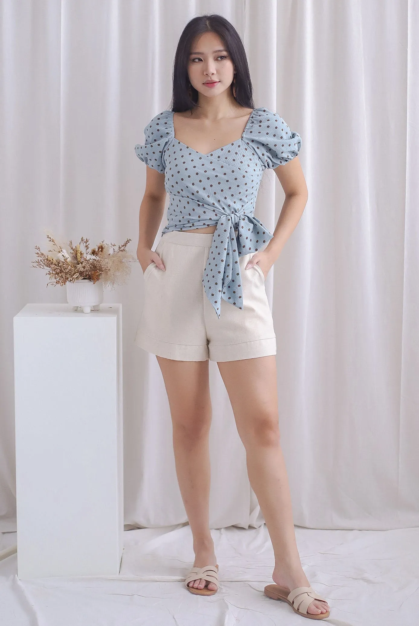 Michi Multiway Sash Tie Top In Blue Dots