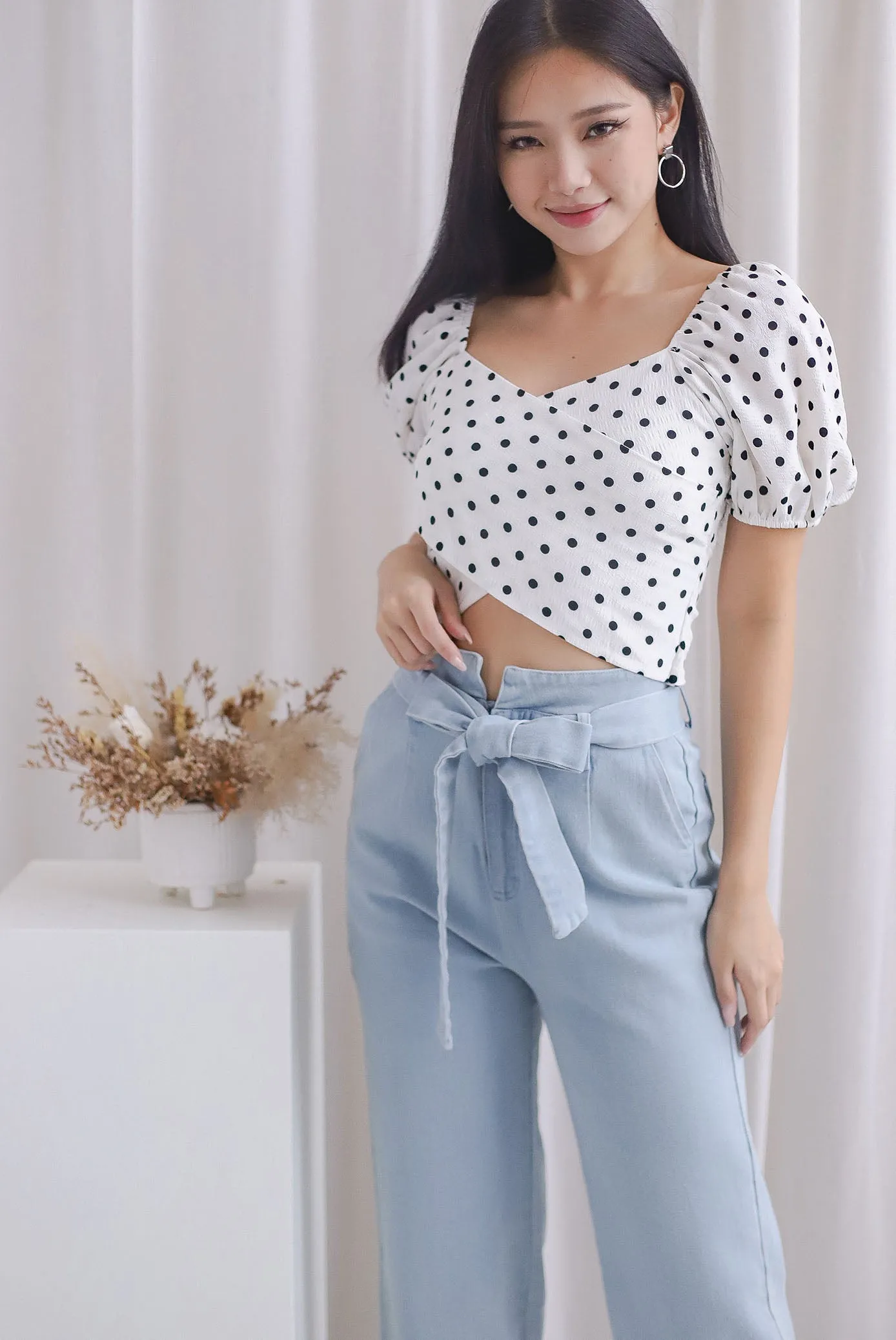 Michi Multiway Sash Tie Top In White Dots