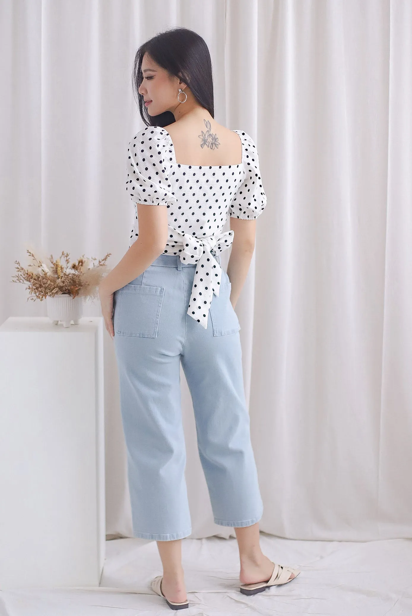 Michi Multiway Sash Tie Top In White Dots
