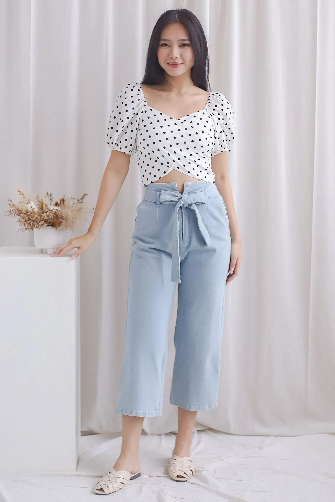 Michi Multiway Sash Tie Top In White Dots