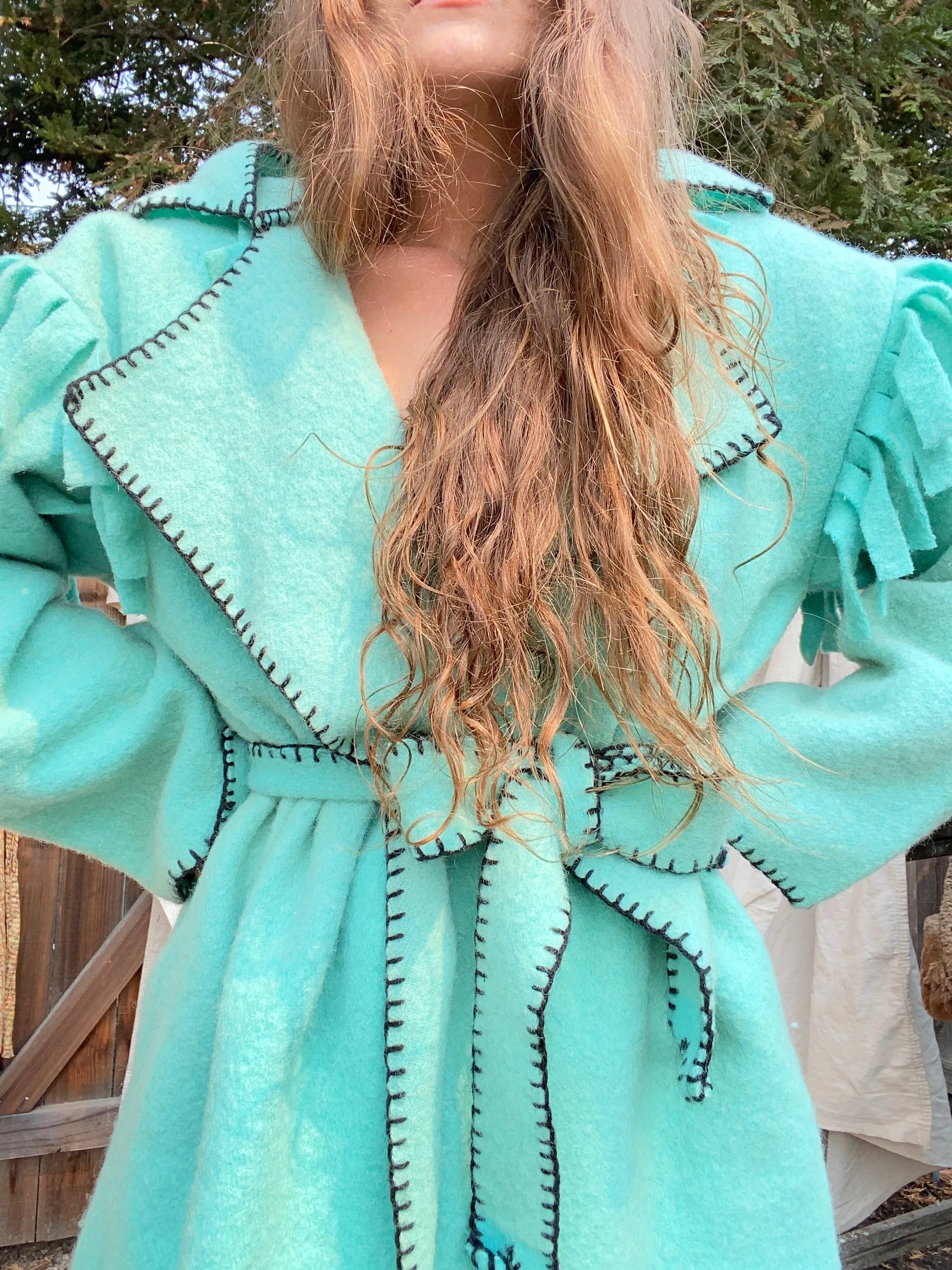 Mid Century Handmade Minty Wool Fringed Capote Coat