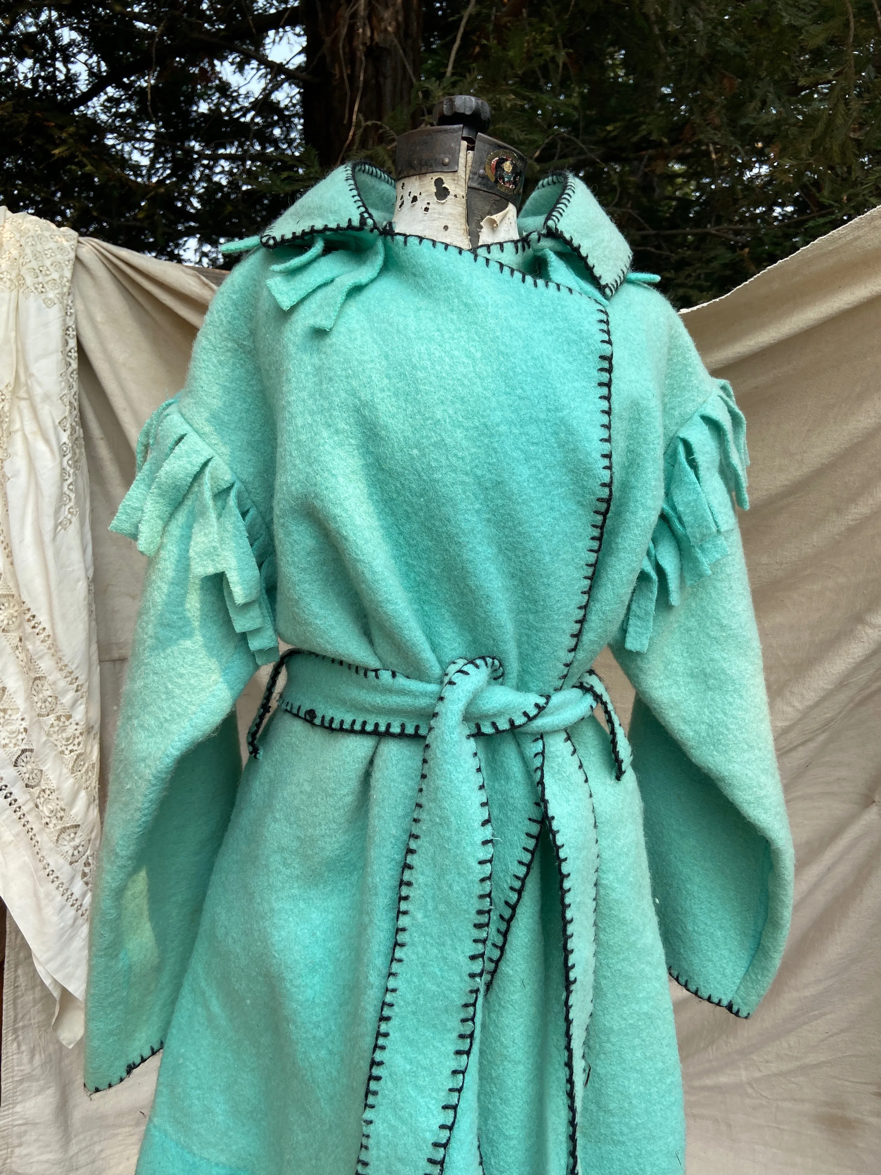 Mid Century Handmade Minty Wool Fringed Capote Coat