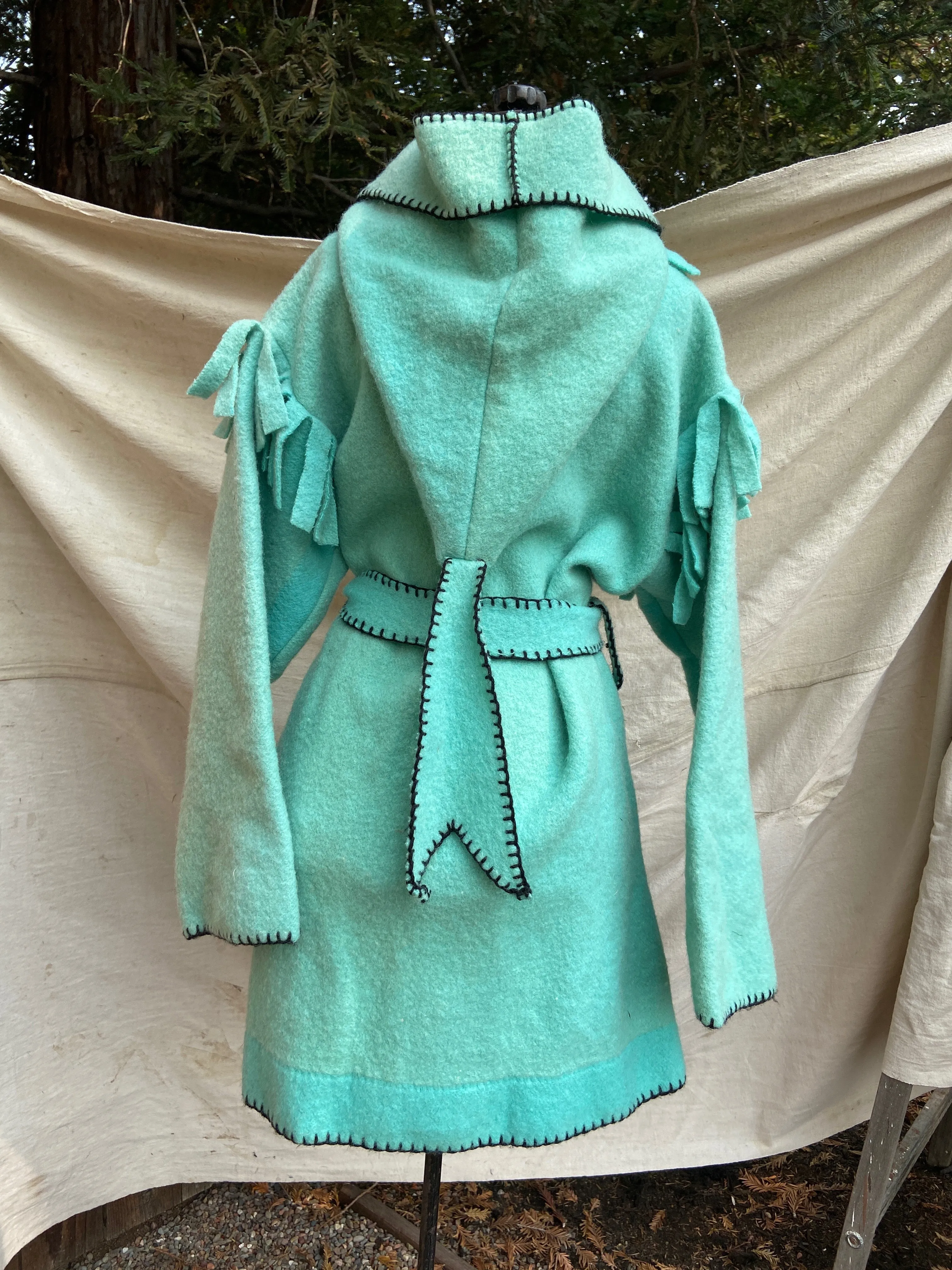 Mid Century Handmade Minty Wool Fringed Capote Coat