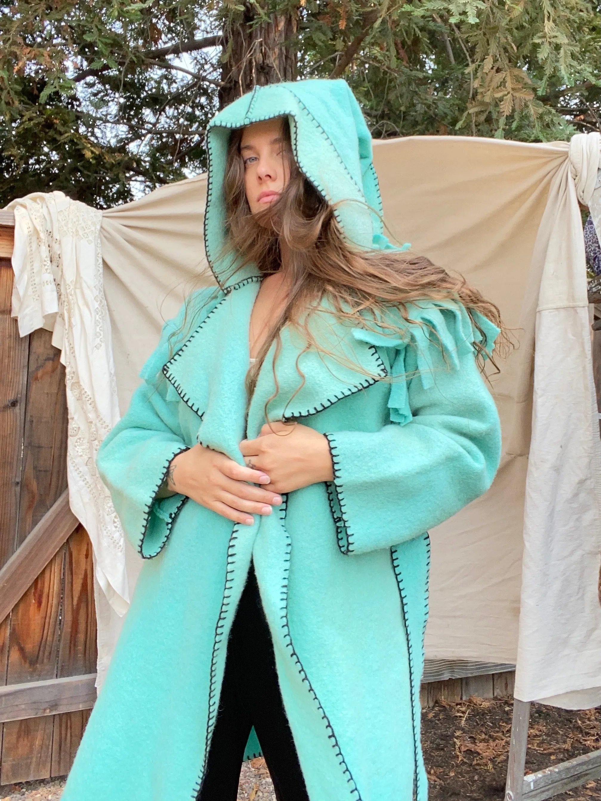 Mid Century Handmade Minty Wool Fringed Capote Coat