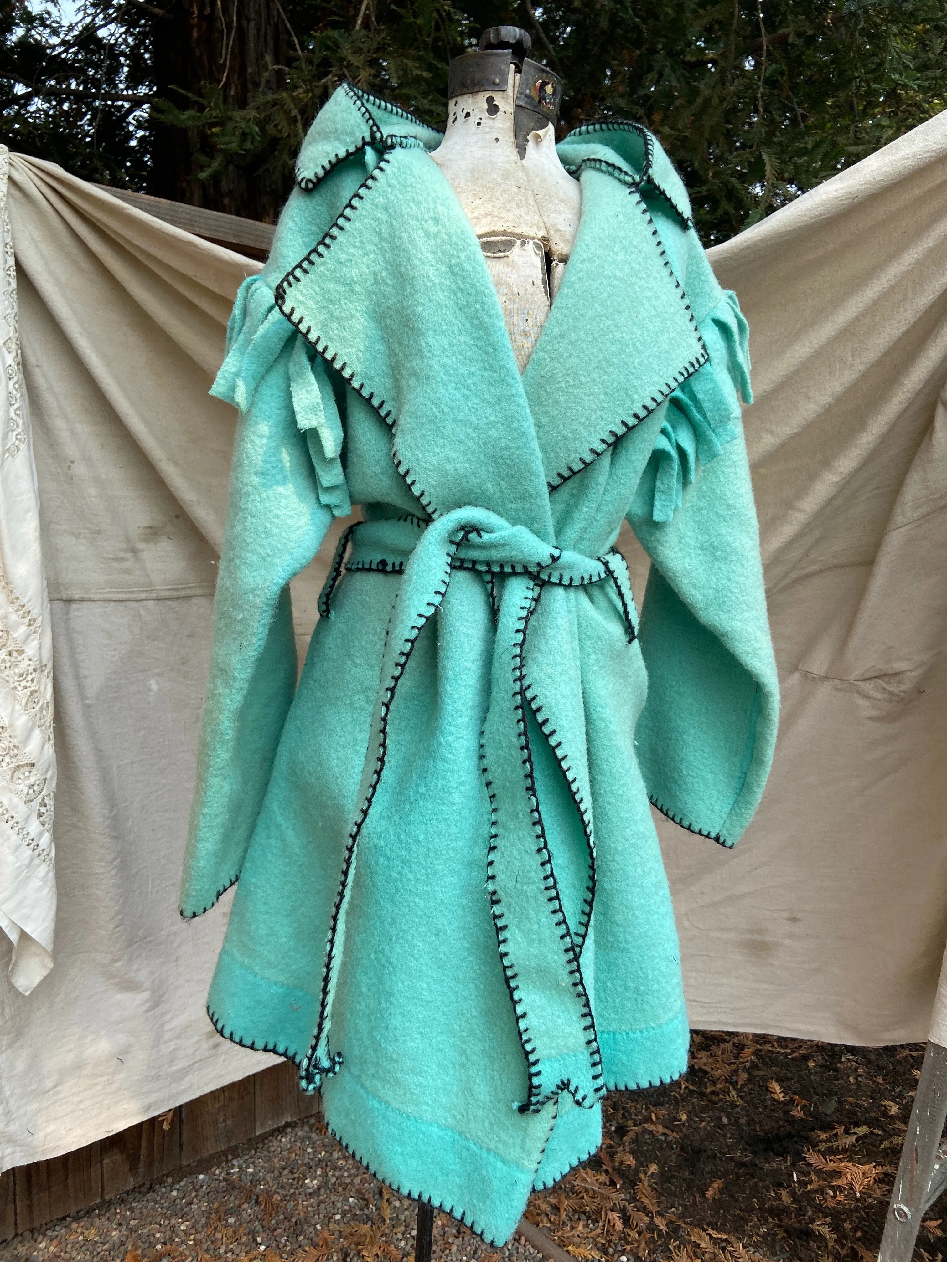 Mid Century Handmade Minty Wool Fringed Capote Coat