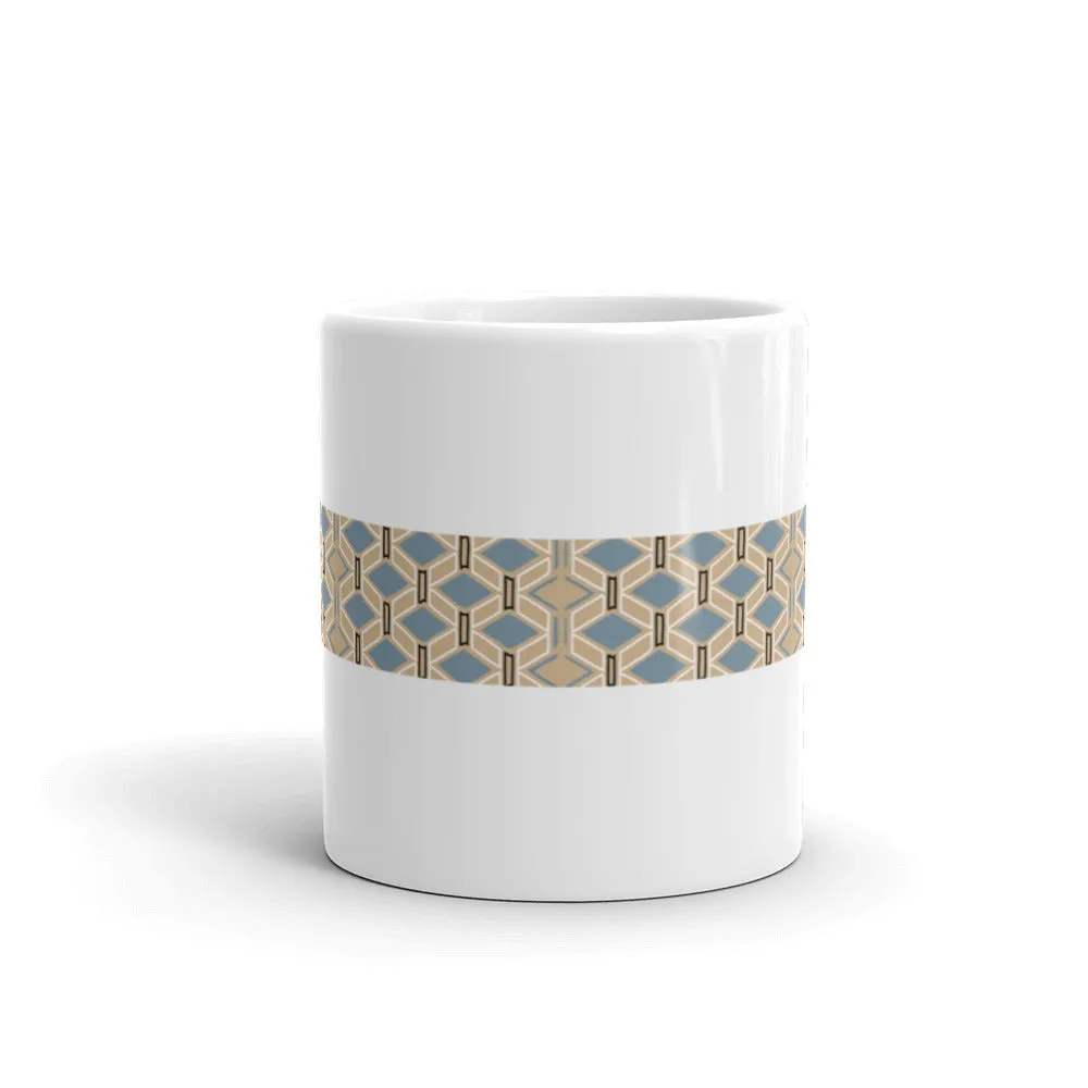 Mug, ceramic, featuring a North African Oudref Textile Motif, white