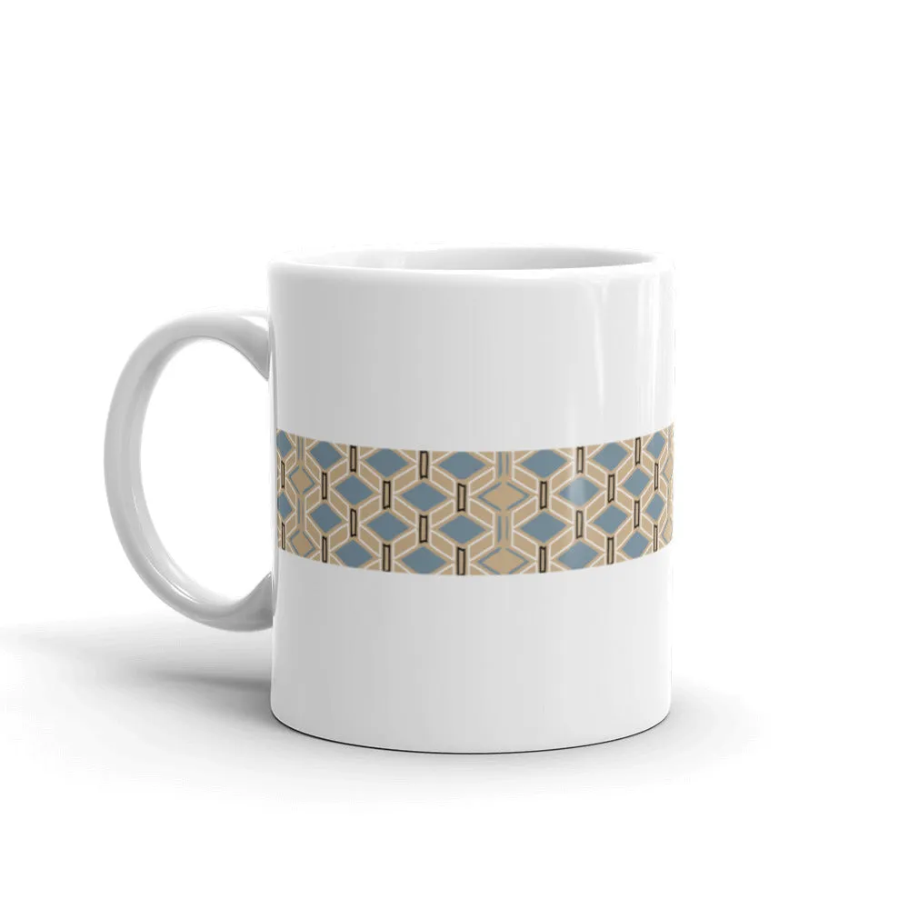 Mug, ceramic, featuring a North African Oudref Textile Motif, white