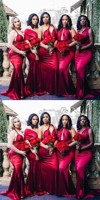 Multiway Red Mermaid V-neck Cheap Long Bridesmaid Dresses Online,WG1216