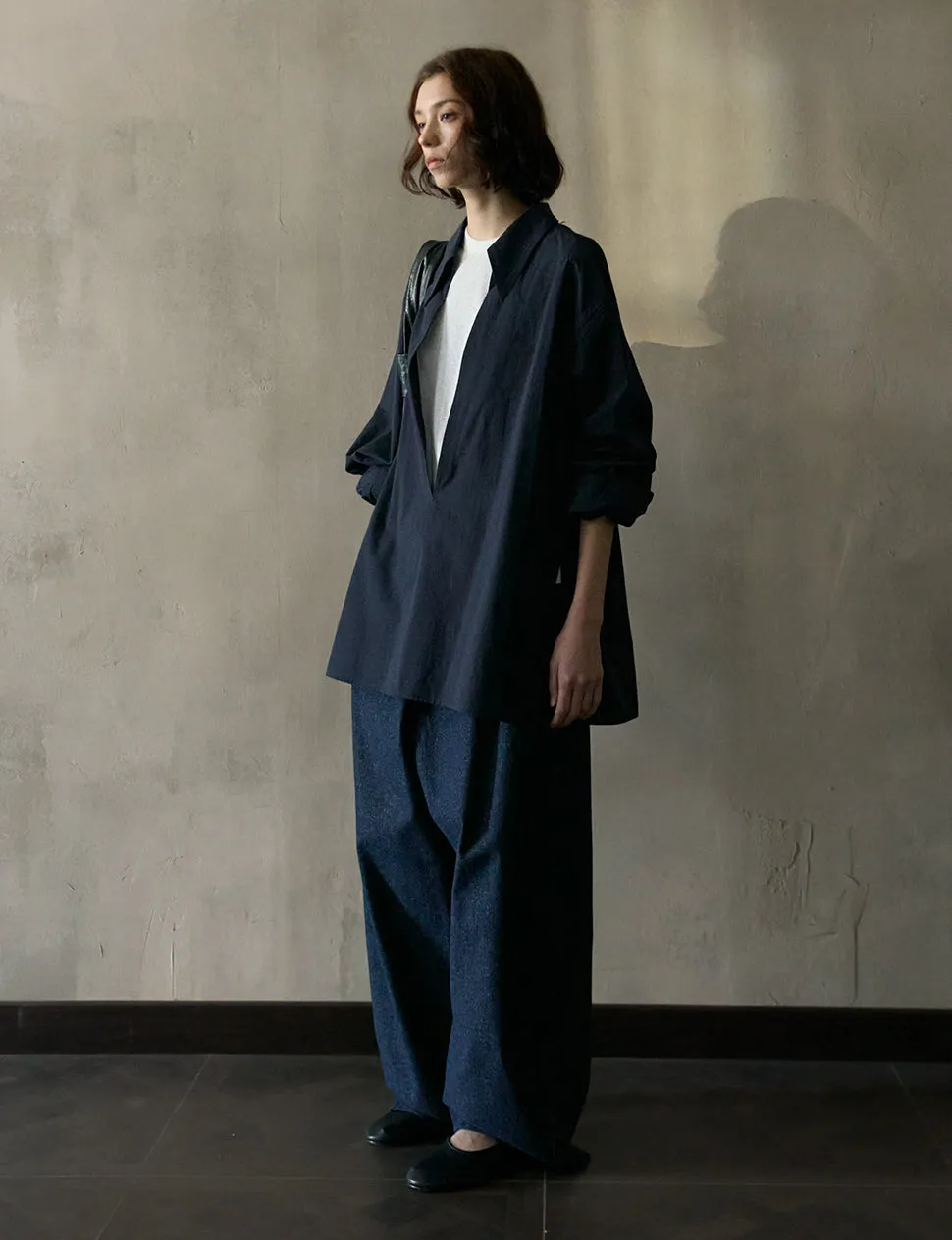 Navy Deep-V Collar Shirt -PREORDER