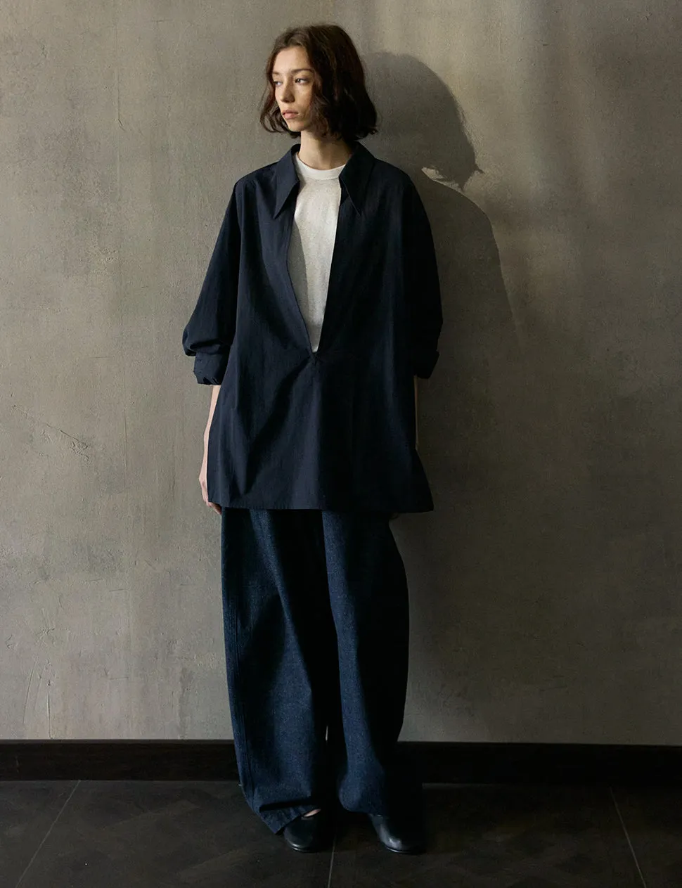 Navy Deep-V Collar Shirt -PREORDER