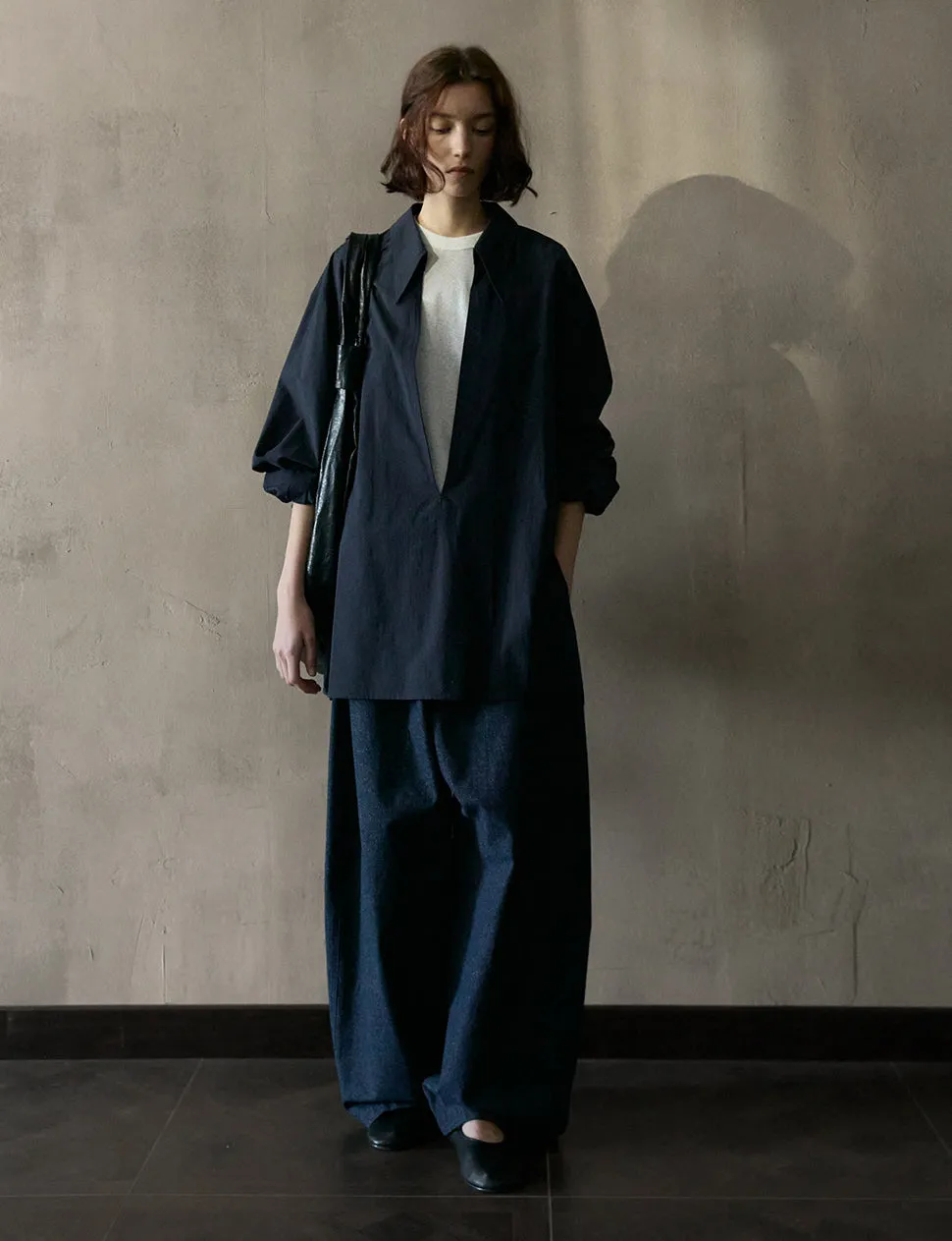 Navy Deep-V Collar Shirt -PREORDER
