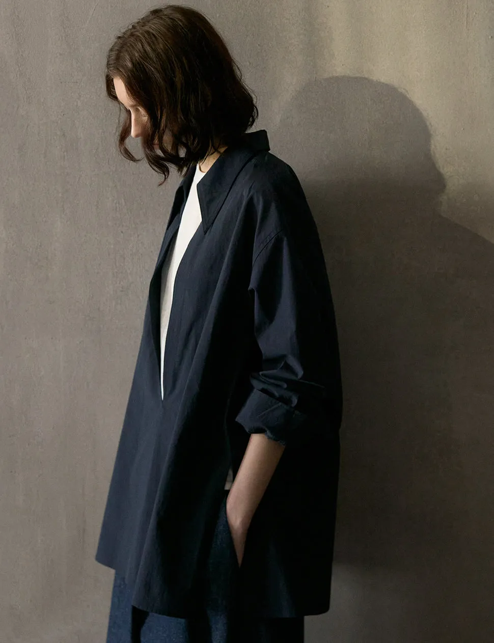 Navy Deep-V Collar Shirt -PREORDER