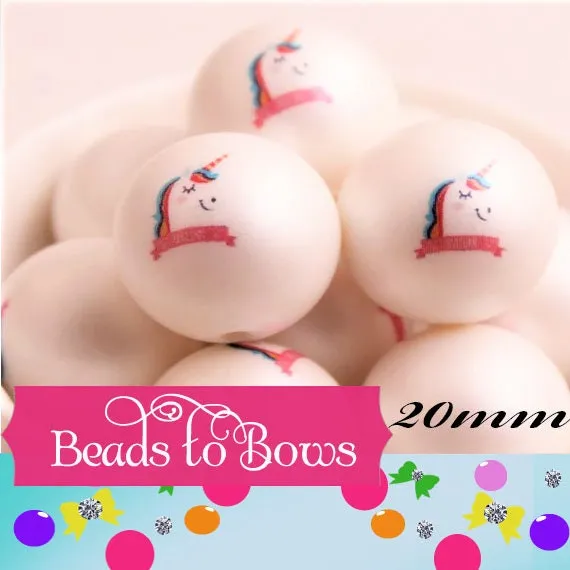 NEW 20mm Printed Unicorn Bubblegum Beads, Chunky Beads, Bubblegum Print Bead, Rainbow Chunky Necklace  Bead, Acrylic Bubblegum Bead,