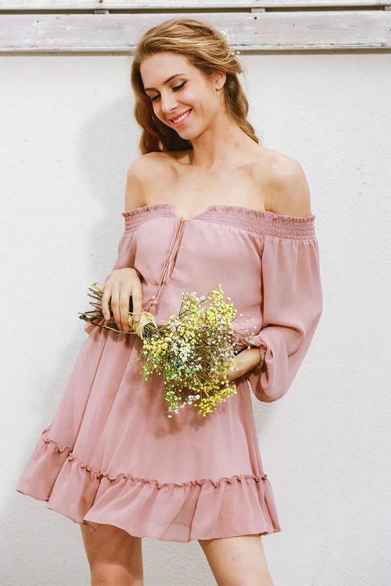 Off Shoulder Long sleeve Ruffle dress Short vintage beach summer dress