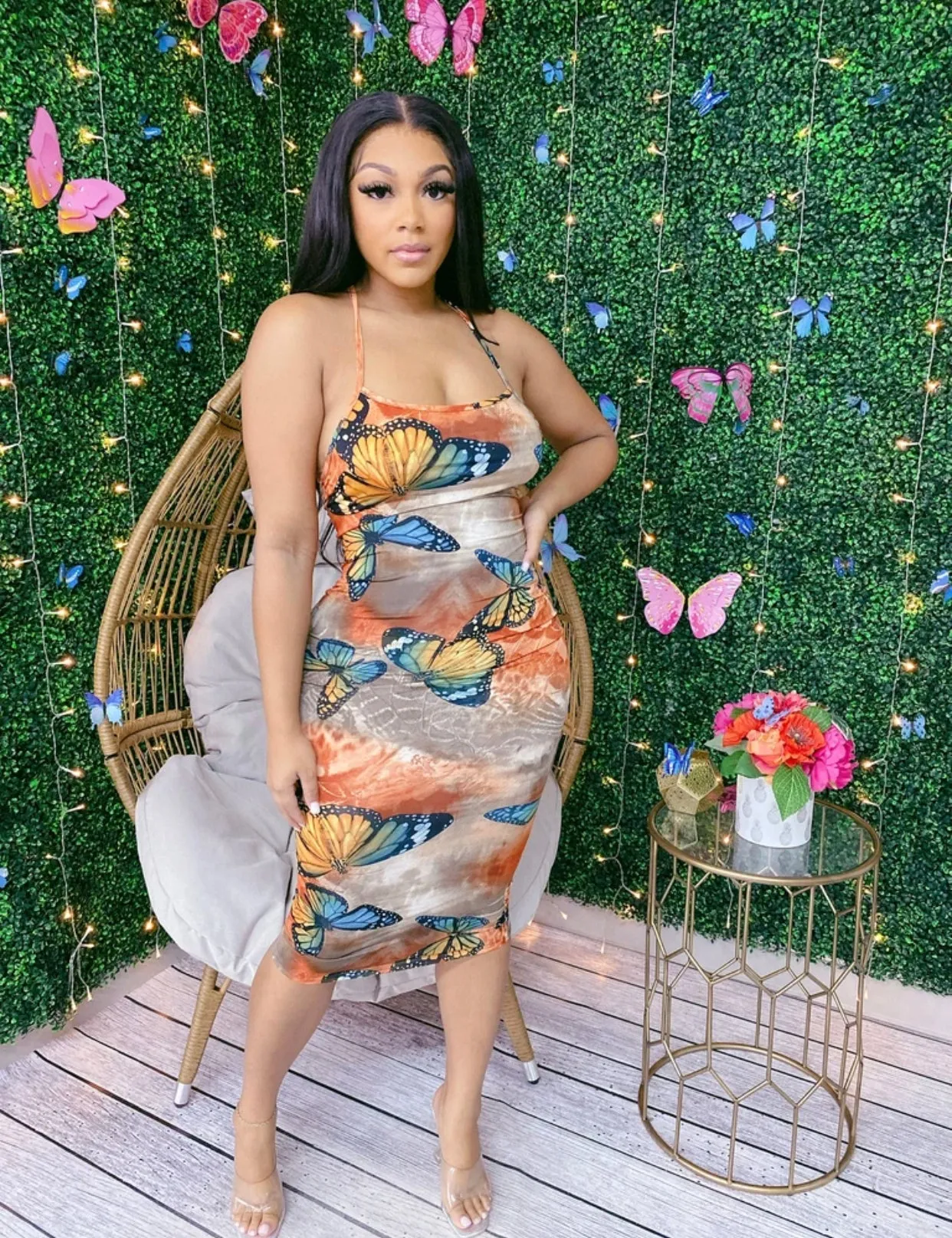 ONE LARGE LEFT! Beautiful Bronze Butterfly Midi Dress‼️Stretchy ‼️
