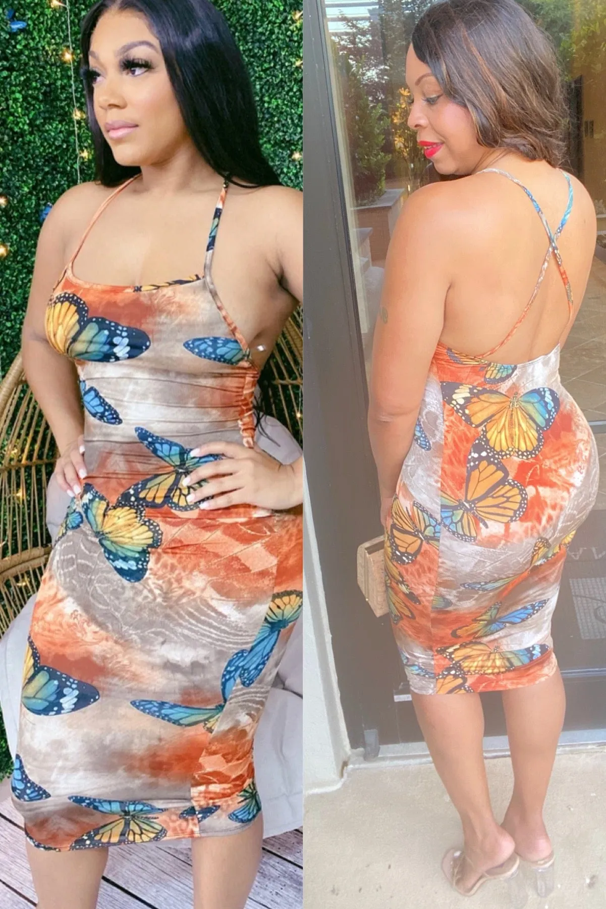 ONE LARGE LEFT! Beautiful Bronze Butterfly Midi Dress‼️Stretchy ‼️