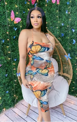 ONE LARGE LEFT! Beautiful Bronze Butterfly Midi Dress‼️Stretchy ‼️