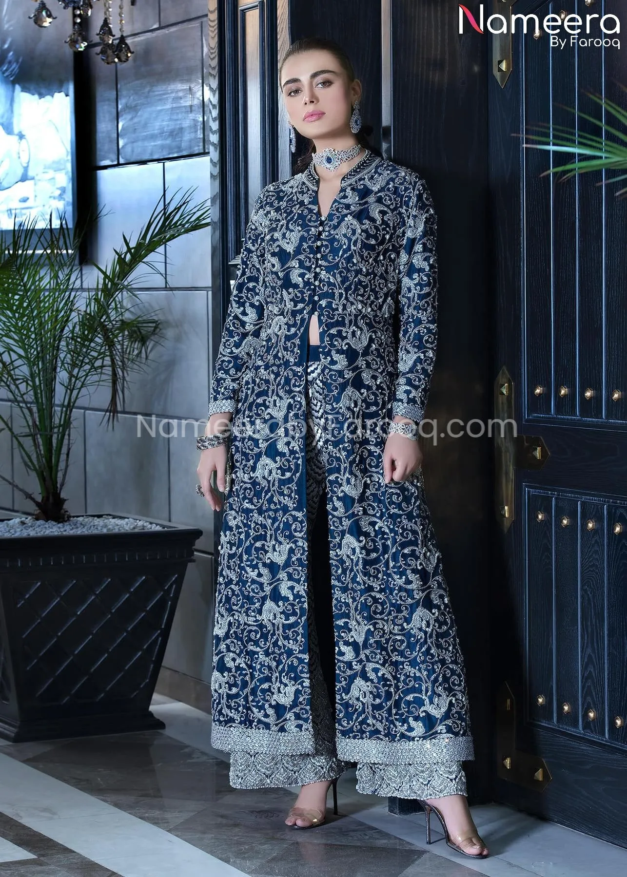 Pakistani Wedding Gown in Blue Metallic Color #WN09