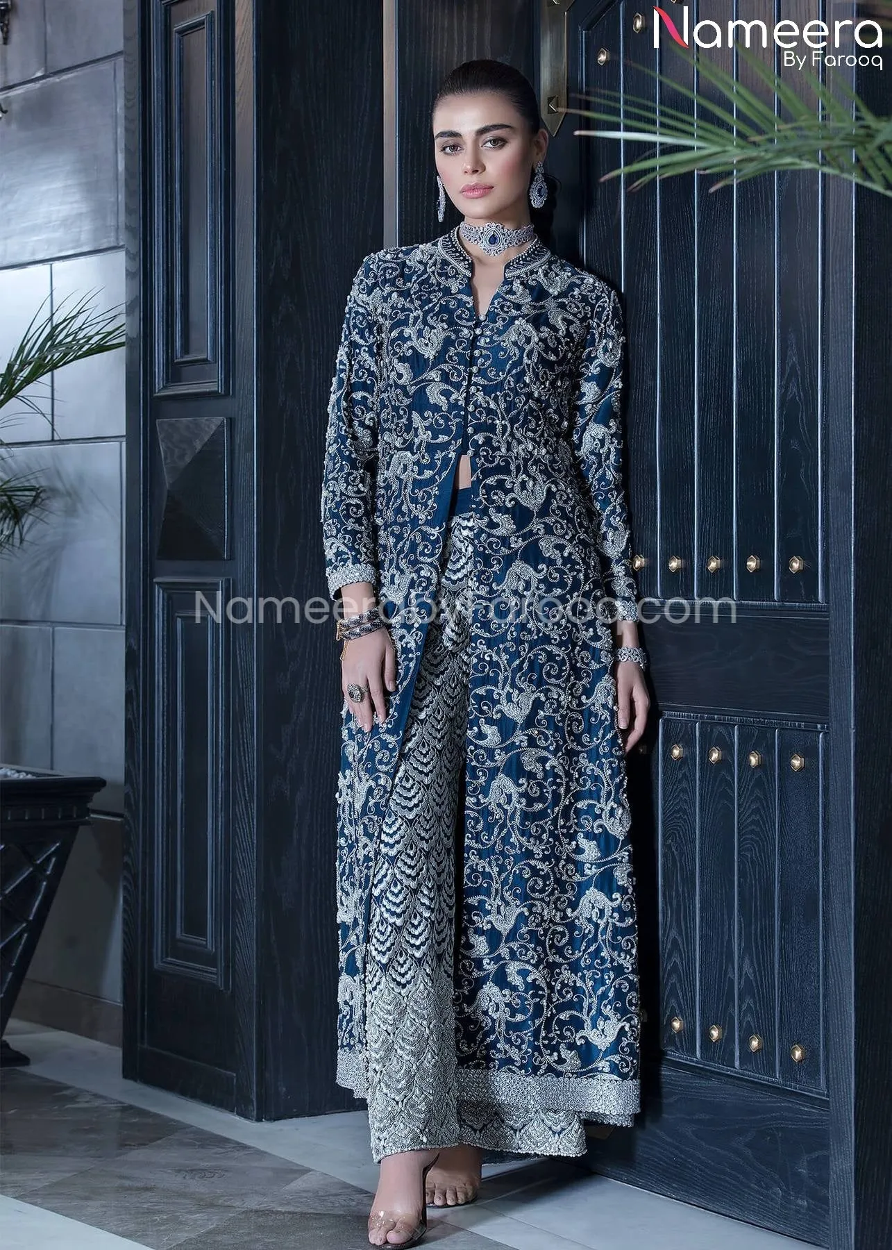 Pakistani Wedding Gown in Blue Metallic Color #WN09