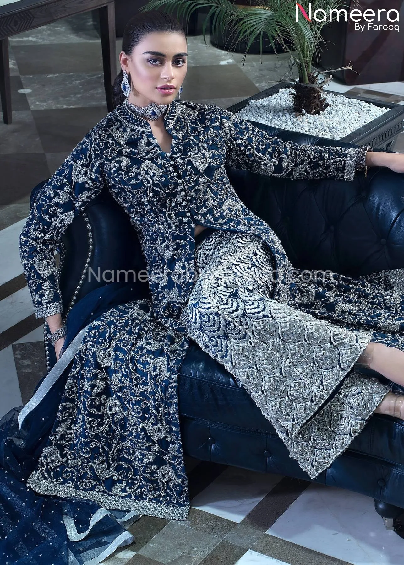 Pakistani Wedding Gown in Blue Metallic Color #WN09