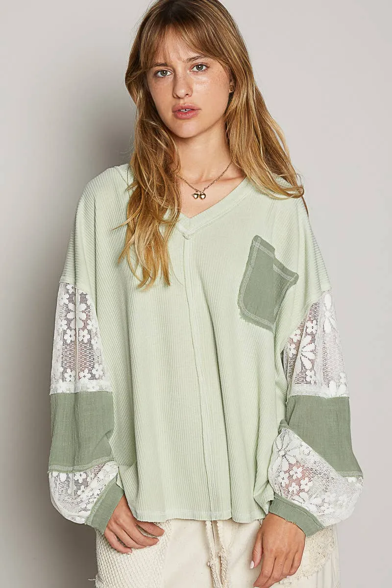 Pale Sage V Neck Balloon Sleeve Crochet Lace Thermal POL Top