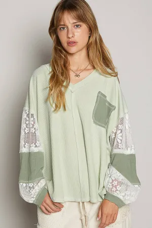 Pale Sage V Neck Balloon Sleeve Crochet Lace Thermal POL Top