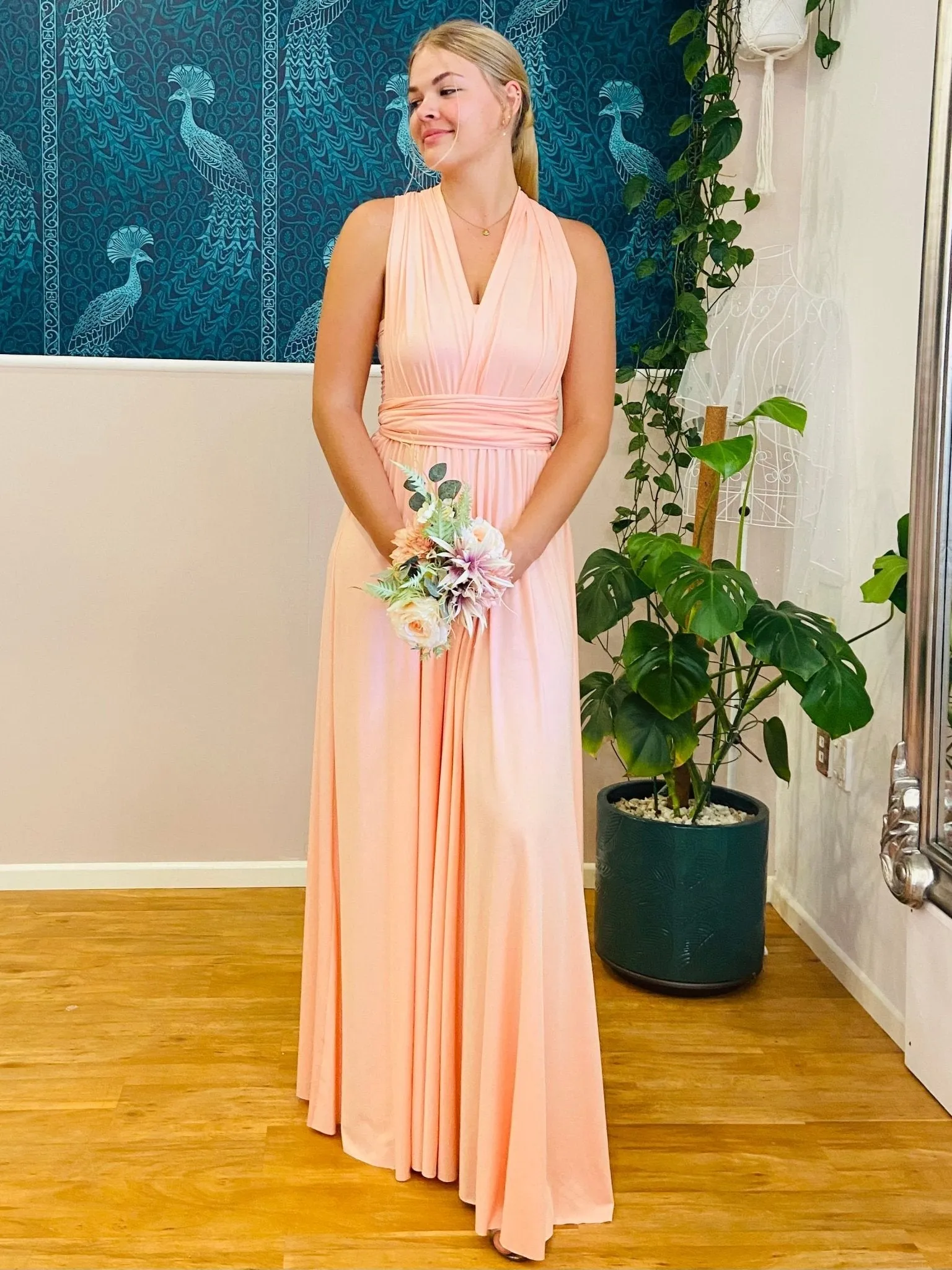 Peach Pink convertible Infinity bridesmaid dress Express NZ wide
