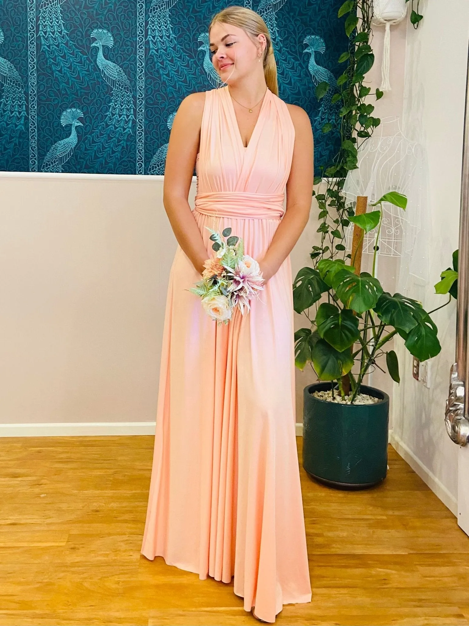 Peach Pink convertible Infinity bridesmaid dress Express NZ wide