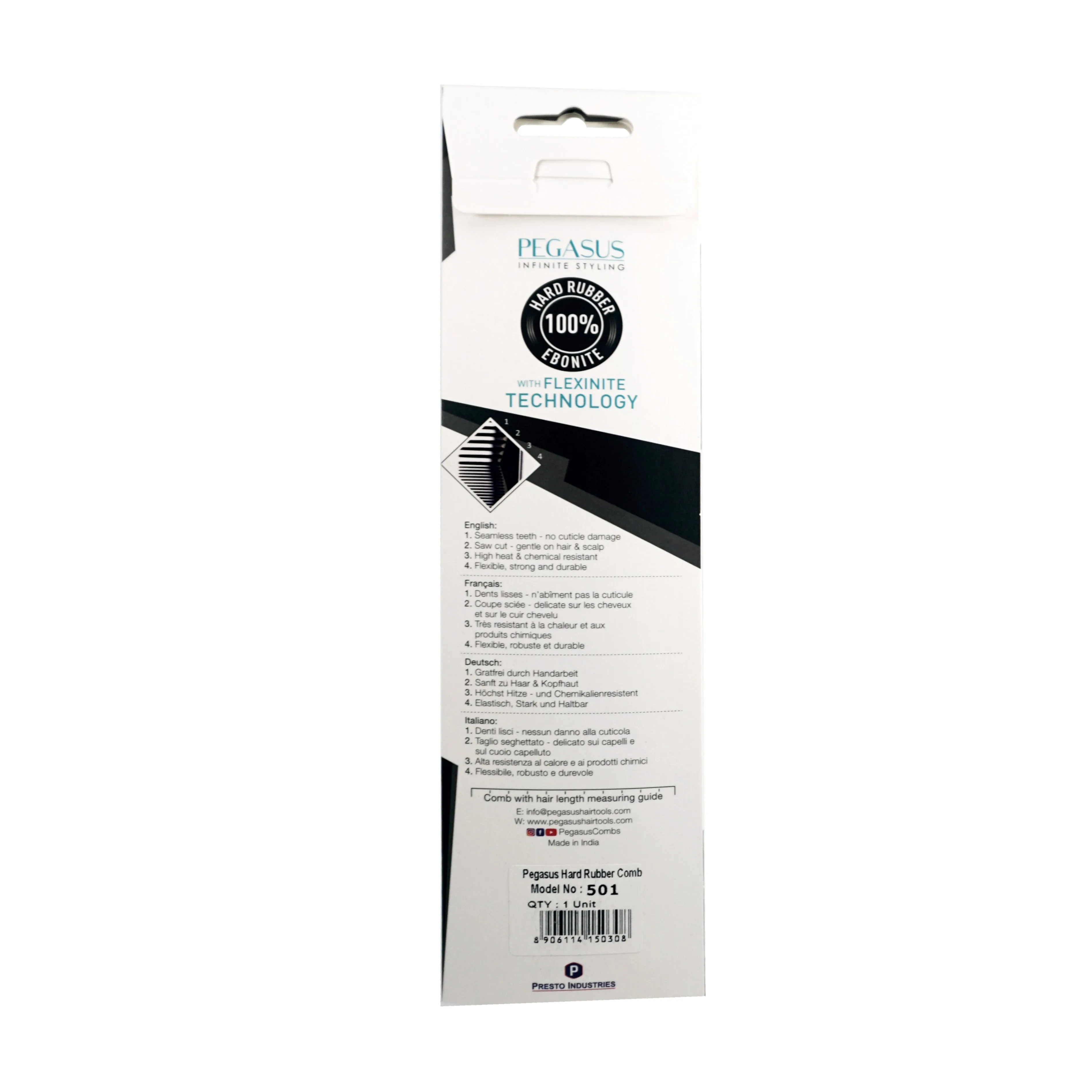 Pegasus 501, 9in Hard Rubber Handle Comb, Handmade, Seamless, Smooth Edges, Anti Static, Heat and Chemically Resistant, Wet Hair, Everyday Grooming Comb | Peines de goma dura - Black