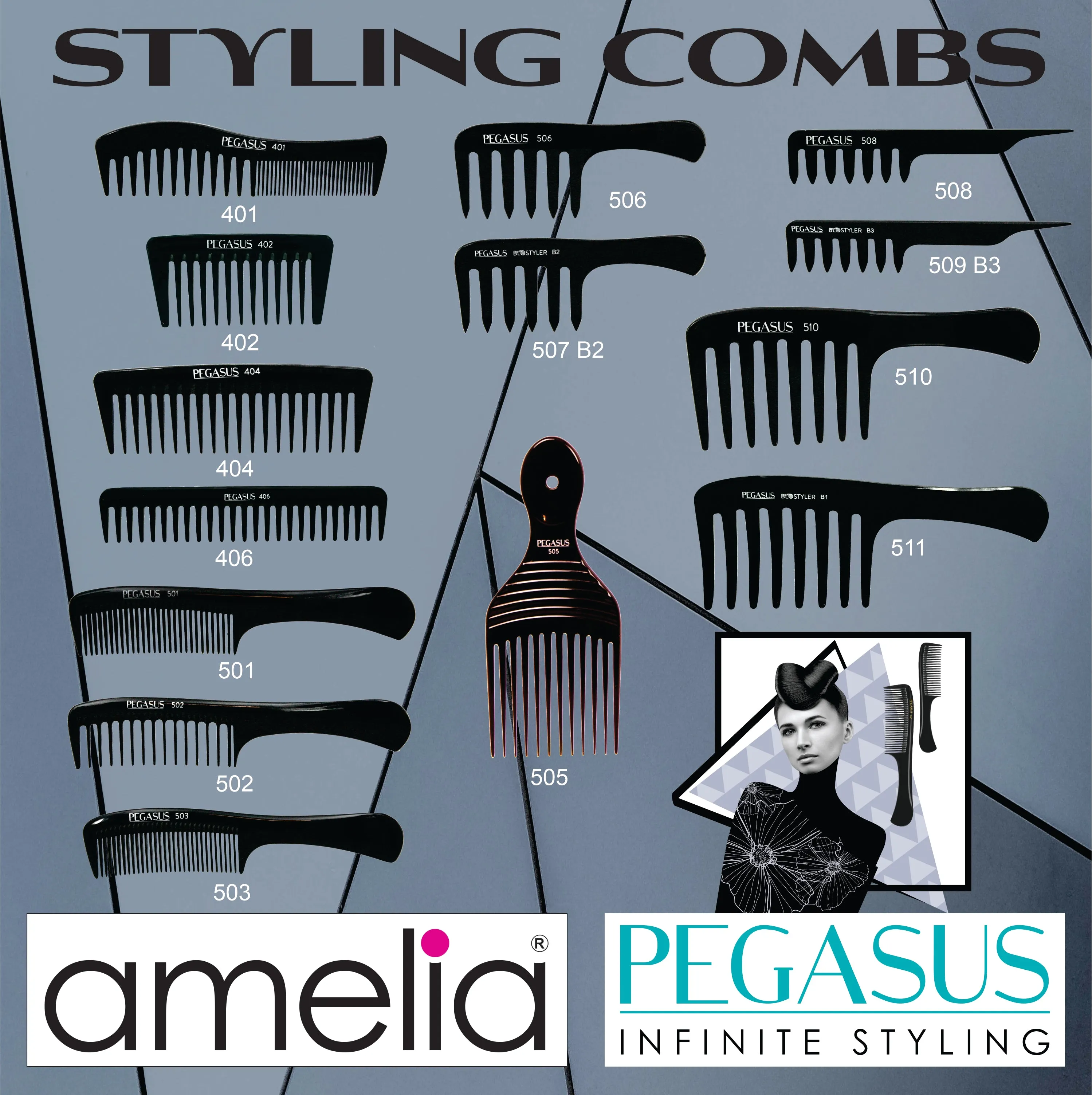 Pegasus 501, 9in Hard Rubber Handle Comb, Handmade, Seamless, Smooth Edges, Anti Static, Heat and Chemically Resistant, Wet Hair, Everyday Grooming Comb | Peines de goma dura - Black